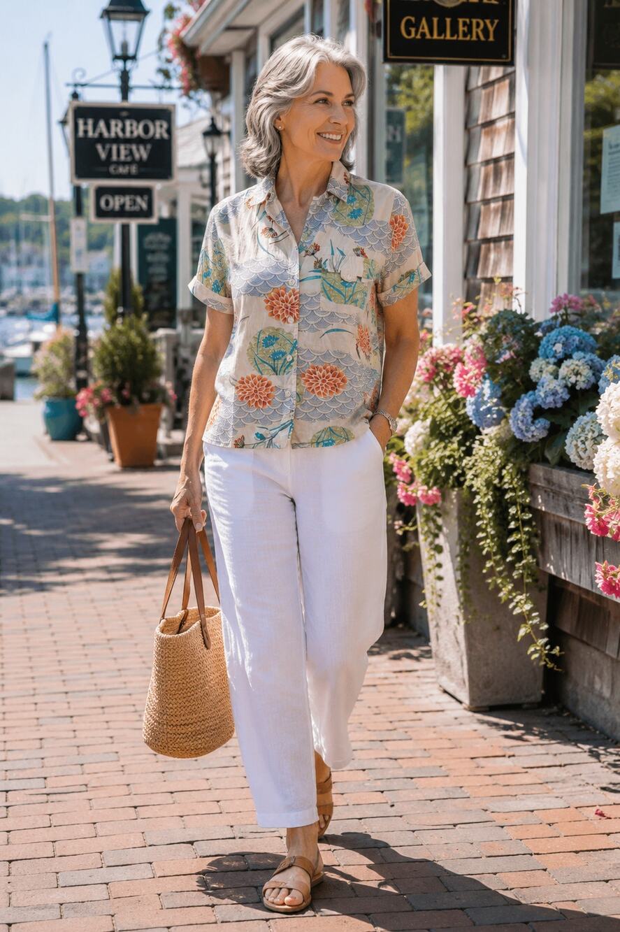 Vintage Sag Harbor Botanical Coastal Shirt Petite Small Floral Cotton Resort Top